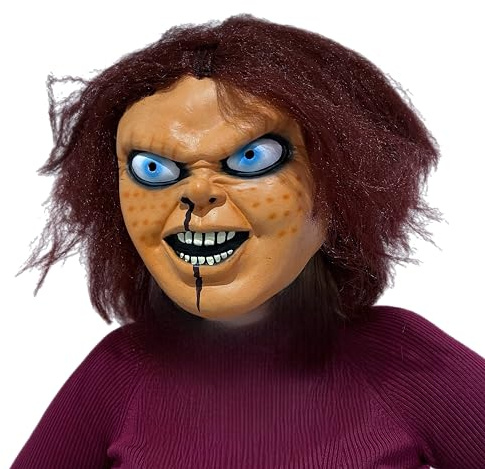 eBoutik - Gruselige Halloween-Vollkopf-Puppe Chuck Maske – Realistische gruselige gruselige Gesichtskostüm-Requisite mit bösen Augen, Erwachsenen- und Kindergröße für Horrorpartys