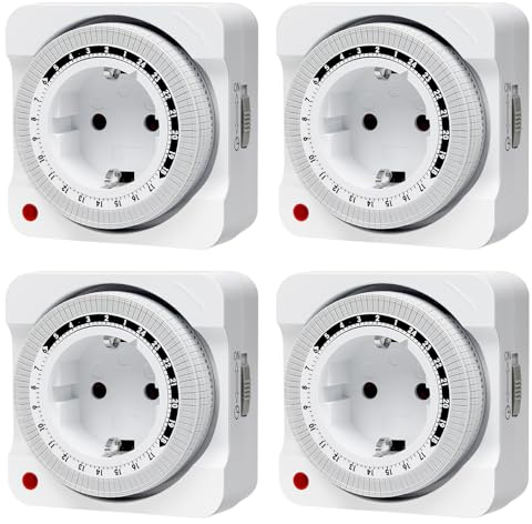 Lot de 4 prises programmables mécaniques - Programme 24 heures - Prise programmable analogique avec 96 segments - Intervalle de commutation de 15 min - Pour éclairage saisonnier, décorations de
