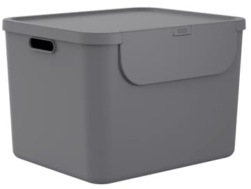 Rotho Albula große Aufbewahrungsbox mit Deckel 55 L Stapelbox Anthrazit | Frontale Klappe auch gestapelt erreichbar, zwei Tragegriffe, 6 Aufkleber zur Kennzeichnung, bis 30 kg belastbar je Behälter
