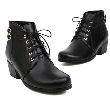 KUHAOFEU Stivaletti Corti da Donna con Lacci, Punta Rotonda, Comodi, Tacco Basso, Scarpe Eleganti,Nero,39 EU