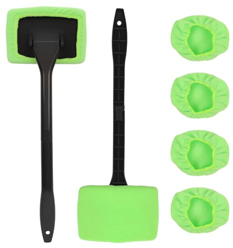 2PCS Car Windscreen Cleaner Brush, Car Window Windshield Cleaning and Defogging Brush with 6 Reusable Microfiber Pads Glass Wiper Cleaning Tool Demister Cloth