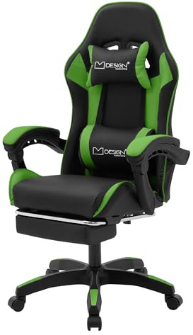 ML-Design Gaming Stuhl mit Fußstütze, Grün, aus Kunstleder, Ergonomischer Bürostuhl mit Armlehne, Kopfstütze, Lendenkissen, Drehstuhl verstellbar, Racing Gamer Stuhl Schreibtischstuhl Drehsessel