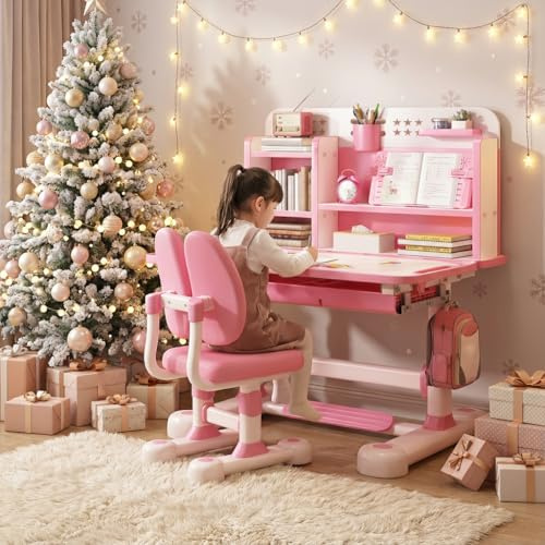 reukmuuc Barnstudieskrivbordsstols set justerbar höjd, ergonomiskt inlärningsskrivbord med 80 cm bred skrivbord, kudde stol med ryggstöd och sittkorrektor, barnbord för 3-18, rosa 117 cm x 109 cm
