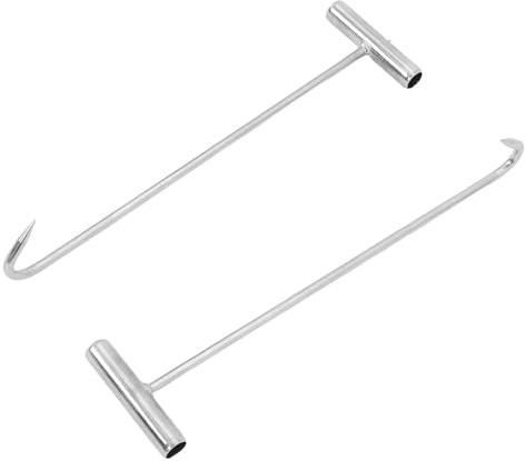 CLISPEED 2Pcs Heavy Duty T-Handle Manhole Cover Hooks Lifting Tools for Storm Drain Grates and Sewer Lid Removal, Silver Steel Manhole Hook Pullers for Utility and Maintenance Use
