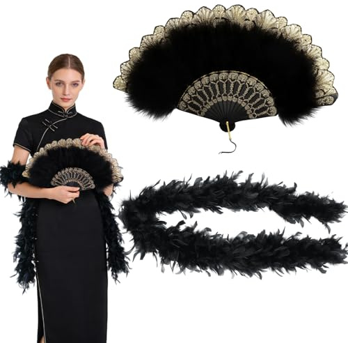 SongBuydn 2 Stück Federboa Schwarz Set, Vintage Federfächer und Federschal, 20er Jahre Kostüm Accessoires für Damen, Party, Cosplay, Hochzeit, Theater, Schwarze Federboa