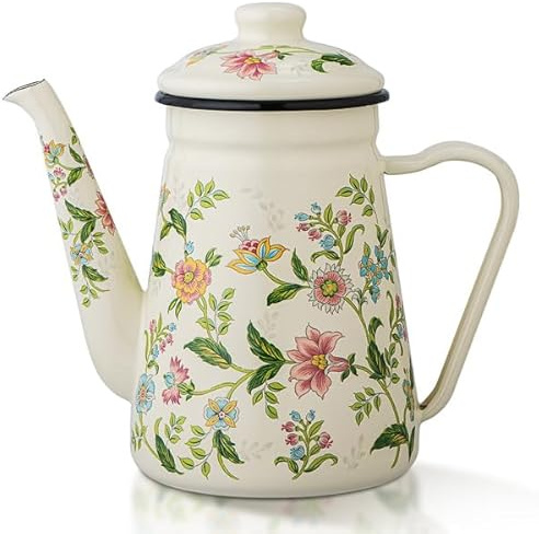Enamel Tea Kettle – 1.2L Stovetop Teapot with Vintage Floral Pattern, Kettle for Stove, Ideal Small Tea Kettle for Gas & Induction Cooktops
