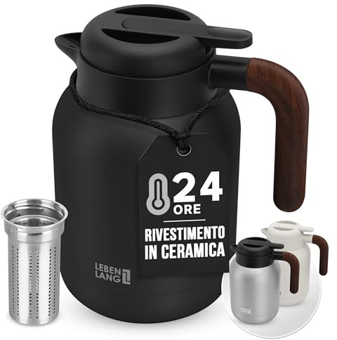 LEBENLANG Thermos caffe 1,5 litri Nero - Rivestimento ceramico & senza BPA I 24 ore al caldo & Incl. filtro da tè I Termos caffè Caraffa termica Termus per te caldo grande Teiera