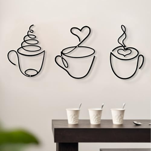 BSITSSS 3 Stück Wanddekoration Kaffeetasse, Wanddeko Metall Schwarz, Kaffeetasse Wandkunst Wandbild Metallbilder für Wohnzimmer Schlafzimmer Zuhause Balkon Haus Garten Veranda