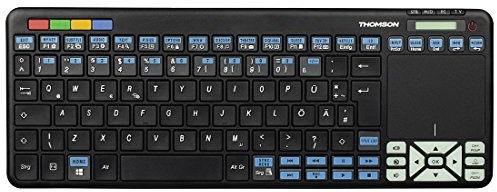 Thomson Funk-Tastatur für Sony Smart-TV mit 4in1 Universal-Fernbedienung (für TV/STB/Audio/PC, inkl. Touchpad-Maus, QWERTZ, beleuchtet, Multimedia-Tasten, lernfähig, wireless, 2,4GHz) schwarz