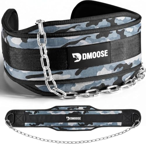 DMoose Dip-Gürtel für Kraftdreikampf mit 36 Stahl Kette - Weight Lifting Belt für Klimmzüge & Kniebeugen, Gewichthebergürtel für Herren & Frauen - Gewichtsgürtel mit bequemer Neopren-Stütze