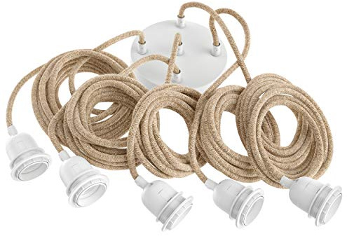 Hoopzi Hang Pendelleuchte, 5-flammig, 3,5 m Textilkabel | E27-Fassung, Stahlbaldachin, DCL-kompatibel, für Schlafzimmer, Wohnzimmer und Küche, Farbe: Seil und Weiß