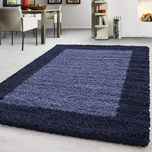 Hochflor Teppich Wohnzimmer Bordüre Design Schlafzimmer Esszimmer Flur Läufer Küchenteppich Weich & Flauschig Langflor Pflegeleicht Läufer Teppich in Farbe: Marineblau, Grösse: 80 x 250 cm