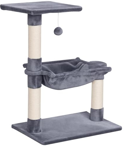 PawHut Arbre à Chat 3 griffoirs grattoirs sisal Naturel Plateforme hamac et Boule Suspendue dim. 50L x 36l x 70H cm Peluche Courte Gris