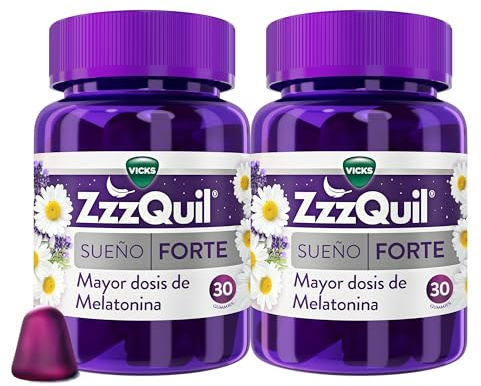 ZzzQuil Natura Forte Complemento Alimenticio para Dormir, Mayor Dosis de Melatonina*, en Gummies con Extractos de Valeriana, Camomila y Lavanda, 60 Gummies (2 x 30)