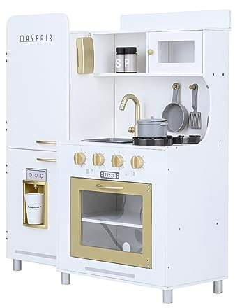 Teamson Kids Mayfair Kinder Holz Spielküche & 11 Zubehör Weiß TD-13302D | mit Herd, Spüle, Ofen, Zubehör