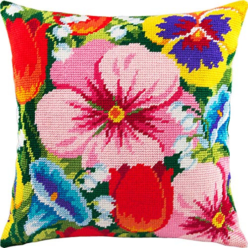 Brvsk Flower Bed. Stamped Cross-Stitch Kit w/Printed Tapestry Canvas (40 × 40 cm) — Stamped Cross-Stitch Cushion Kit for Creative Home Décor — Needlework Kit for Adult Beginners