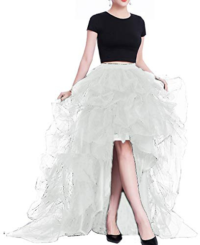 Lisong Women High Waist High Low Layered Tulle Floor Length Spectial Occasion Skirt L White