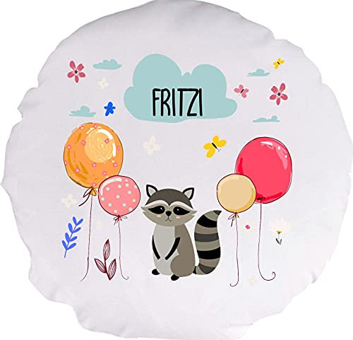 Kleckerliese Baby Kinder Kissen Kissenhülle Tiere Motiv, Waschbär mit Wunschname Balon Wolken, 40 cm Farbe Weiß mit Füllung
