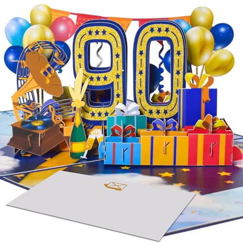 3D Pop-Up Karte 90. Geburtstag oder 90. Hochzeitstag – Elegante Karte mit Trompete, Schallplatte – Hochwertige Karte für Jubiläum, Hochzeit, Geburtstagsfeier, für Eltern, Großeltern