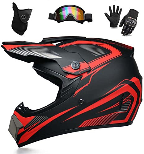 WEITY Motocross-Helm, Brille, Handschuhe, Maske 4-teiliges Set, MTB AVT Motorrad-Crosshelm, DOT-geprüft, geeignet für Erwachsene, Kinder, Männer und Frauen (roter Sporn,m)