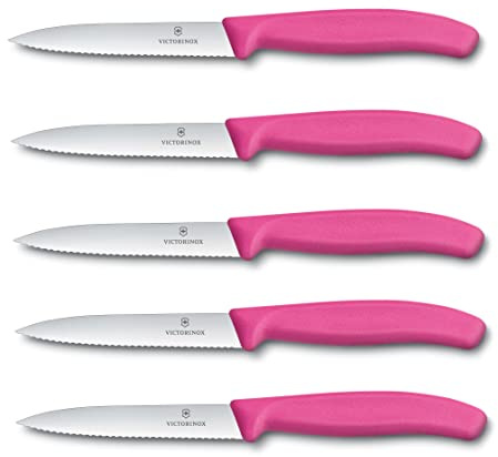 Victorinox 5-tlg Gemüsemesser Set Swiss Classic Pink – 10 cm mit Wellenschliff – Tomatenmesser