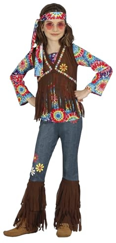 FIESTAS GUIRCA Happy Hippie Kostüm für Mädchen, 70er-Jahre, mit Hippie-Kopfband, mehrfarbiges T-Shirt von Tie-Dye, Weste und Hose für Mädchen