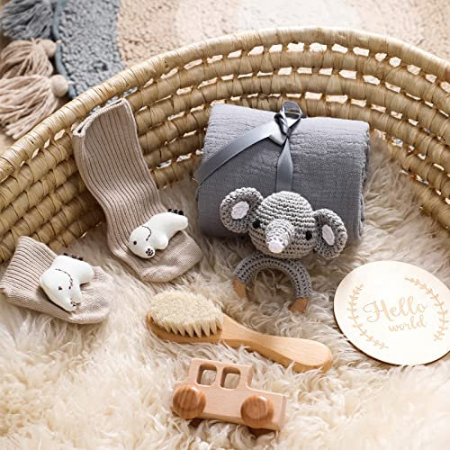 Youuys 7-Teilig Baby Geschenk zur Geburt für Neugeborene, Geschenk zur Junge und Mädchen Badetücher, Handmade Rassel, Holzspielzeug, Meilensteinkarten, Socken, Bürste, Babyparty (Elefant)