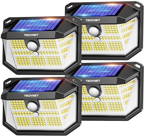TECKNET 231 LED Solar Motion Lights Outdoor, 300° Angle & 3 Lighting Modes, PIR Motion Sensor & IP65 Security Solar Wall Lights for Fence Front Door Yard Deck Garden Garage(4 Pack)