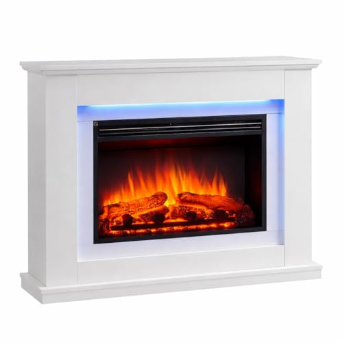 FLAMME 43 Freestanding Electric Fireplace Suite, Casella, White | With 1kW-2kW Fireplace Heater, 5 Dimmable LED Flame Options, Remote Control, Custom Timer