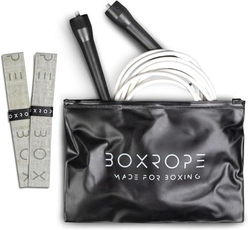 BOXROPE Springseil für Boxen, verwicklungsfrei, 15 % schwerer als ein normales PVC-Seil, Boxer-Springseil, verstellbar, inklusive Griffbänder für mehr Halt, für Boxer, Premium-Qualität, Grau