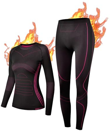 NOOYME Thermounterwäsche Damen Funktionsunterwäsche Warm & Atmungsaktiv Funktionswäsche Thermo Unterwäsche Skiunterwäsche für Winter Sport, Integrierte Rosa M