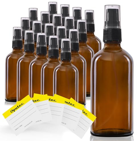 Oputec Lot de 20 flacons à pompe de voyage en verre marron de 100 ml + 20 étiquettes – Petites mini bouteilles distributeur de crème distributeur de lotion à remplir