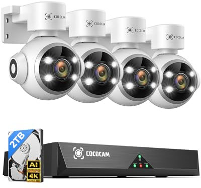 Cococam 4K PoE Kit de Cámara de Vigilancia, 8CH 2TB HDD NVR, 4PCS 8MP IP Cámara para Grabación 24/7, Detección AI de Personas/Vehículos, Visión Nocturna en Color