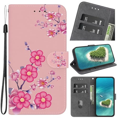 Rnrieyta Miagon Kickstand Flip PU Leder Schutzhülle für Samsung Galaxy A35 5G,Niedlich Muster Hülle Brieftasche Case Cover Ständer mit Kartenfächer,Rot Blume