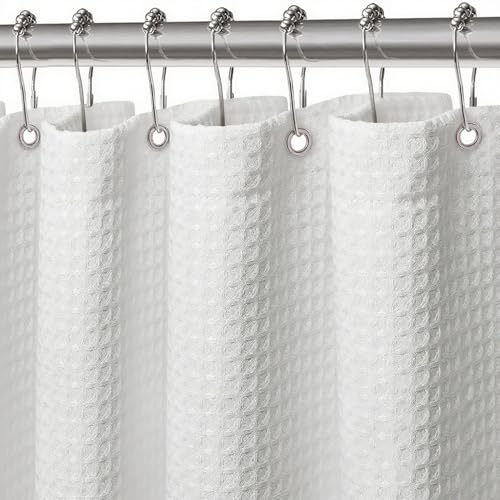 FIISAYL Waffel Duschvorhang Shower Curtains mit Magnet Waschbar Textil Polyester Stoff Bad Vorhang mit 12 Duschvorhangringe Wasserdicht für Dusche und Badewanne 183 x 198 cm(Weiß)