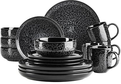 MÄSER 934108 Série Filippa Service de table en céramique pour 4 personnes, ensemble de vaisselle combinée moderne de 16 pièces ; assiettes, bols et gobelets avec vernis réactif en gris et noir, grès,
