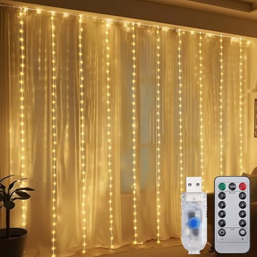 SALCAR 3x3m 300 LED Lichtervorhang Innen, 8 Modi LED Lichterkette Vorhang mit Timer, Wasserdicht USB Lichterketten Vorhang Innen Außen für Weihnachten Hochzeit Party Terrasse, Warmweiß