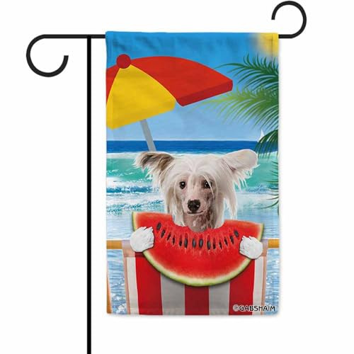 GABSHAIM Happy Summer Beach Cane Bandiera da Giardino per Esterni Cinese Crested Cane Mangiare Anguria Palma Albero Banner Esterno 30 x 45 cm Stampa su entrambi i lati
