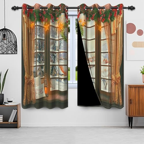 Uiiooazy Gardinen Weihnachten, Vorhänge Grün Blätter Rot Ball Bänder Schneeflocke Landschaft Thermogardinen Blickdicht mit Ösen Verdunklungsvorhänge für Wohnzimmer Schlafzimmer, 2er Set, 107Bx160Hcm