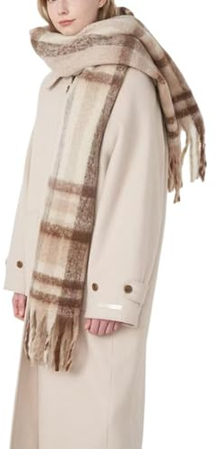 MININAI Womens Large Chunky Color Block Tassel Scarf Oversized Thick Scarves Long Shawl Fashion Winter Warm Blanket Scarf (Beige)