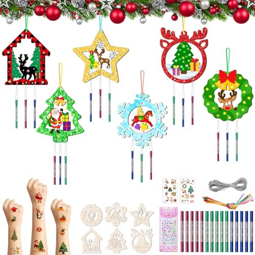 12 Stück Windspiel Bastelsets Kinder Schneeflocke Holz Weihnachtsdeko Schneekristall Holzanhänger zum Bemalen, Kreativsets für Weihnachtsbaum Winter Neujahr Weihnachtsfeier Jungen Mädchen handwerk