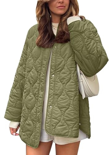 Flygo Women's Oversized Quilted Lightweight Jacket Button Down Puffer Padded Outerwear with Pocket(Green-XL)