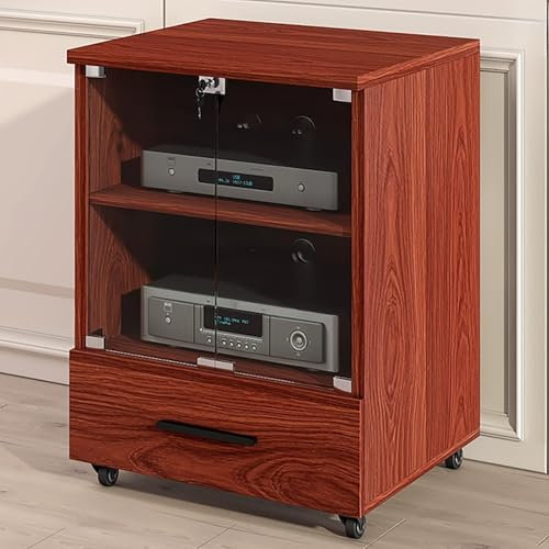 JIAOCKJIAO Stereoschrank, Phonoschrank mit Schublade, Bewegliches Audio Rack Hi Fi Regal, Record Player Stand mit Tür aus Gehärtetem Glas, Hi Fi Rack mit Kühllöchern und Kabellöchern(Brown,2 tier 60x5