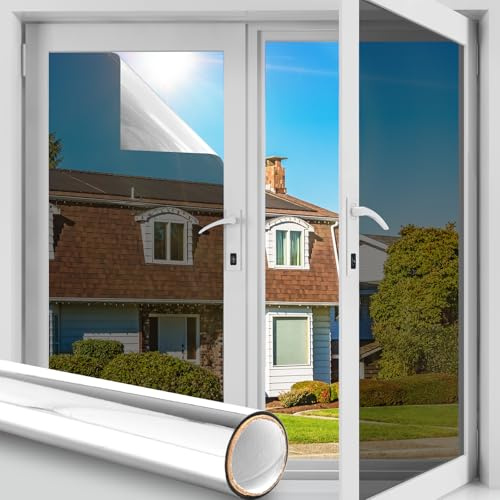 Funfox One Way Mirror Window Film Privacy, Reflective Mirror Tint Film Heat Control UV Sun Blocking Anti Glare Static Cling for Glass Window Covering, Silver 90x200cm