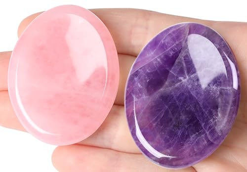 2 piedras de preocupación para el pulgar para curar la ansiedad, cristales curativos de cuarzo rosa, amatista, piedras talladas a mano, meditación de bolsillo, cristal ovalado, natural, terapia de