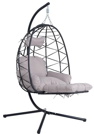 Hanging Egg Chair with Stand & Leg Rest,Rattan Wicker Swing Chair with Cushion,Patio Basket Hanging Chair Wicker Hammock Chair for Indoor Outdoor Bedroom Garden,300LBS (Black Rattan&Grey Cushion)