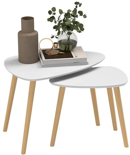 HOMCOM Nesting Coffee Table, Set of 2, with Solid Wood Legs, Light Grey | Stacking Side End Tables, for Living Room Bedroom