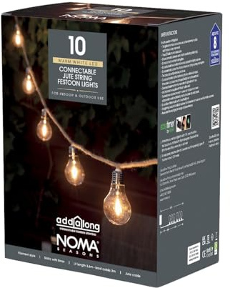 NOMA Connectable Jute Rope Festoon Garden Lights, 6.8 m (Pack of 1) | 10 Warm White LED Lights, Connectable Design, Indoor & Outdoor Use, Durable Materials, Easy Installation