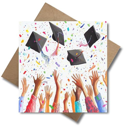 WBdesignz Glückwunschkarte zum Abschluss mit Umschlag - Abschlusshut Schule Zeugniss Uni Universität Bachelor Master Feier Konfetti Glückwunsch Grußkarte (quadratisch - 125 x 125 mm)