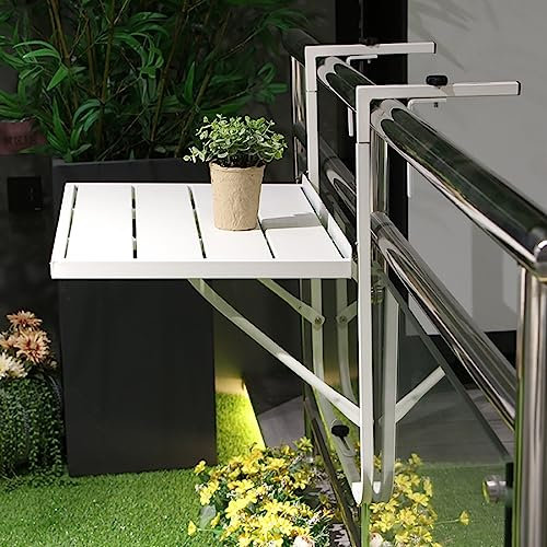 Balkon-Stehtisch Für Geländer, 60 X 40 Cm, Klappbarer Hängetisch, Beistelltisch Für Balkongeländer Im Freien, Blumenständer Mit Pflanzenregal Aus Metall Für Den Garten A,White-60*40cm/23.6*15.7in